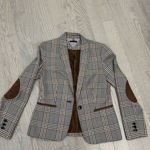 Tommy Hilfiger Black and White Plaid Blazer with Brown Elbow Patches